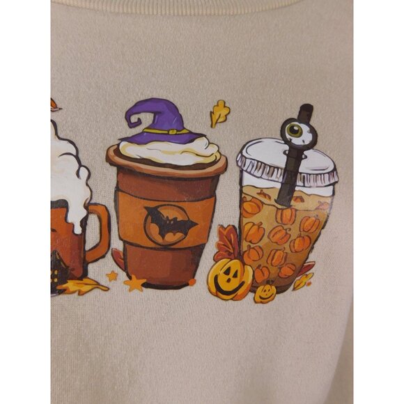 Halloween Coffee Ghost Pumpkin Sweatshirt Womens Large Beige Graphic Fall - Picture 5 of 12
